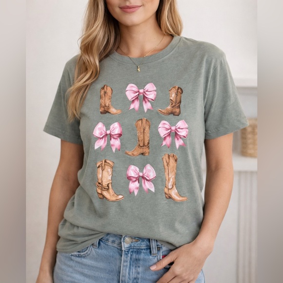 Vintage Threadz California Tops - Coquette Cowgirl Boots & Pink Bow Graphic Tee Western Boho Nashville Country